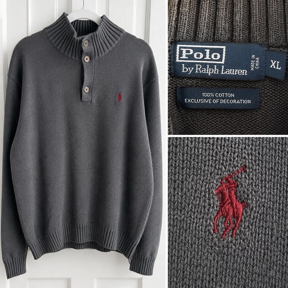 Polo Ralph Lauren Men’s XL Quarter Button Mock Neck Sweater Gray Cotton Pullover - Picture 5 of 9